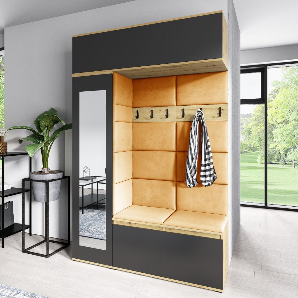 Eka Předsíňová stěna s čalouněnými panely Trinity 21 - Dub Artisan s černou / Hořčicová 2326
