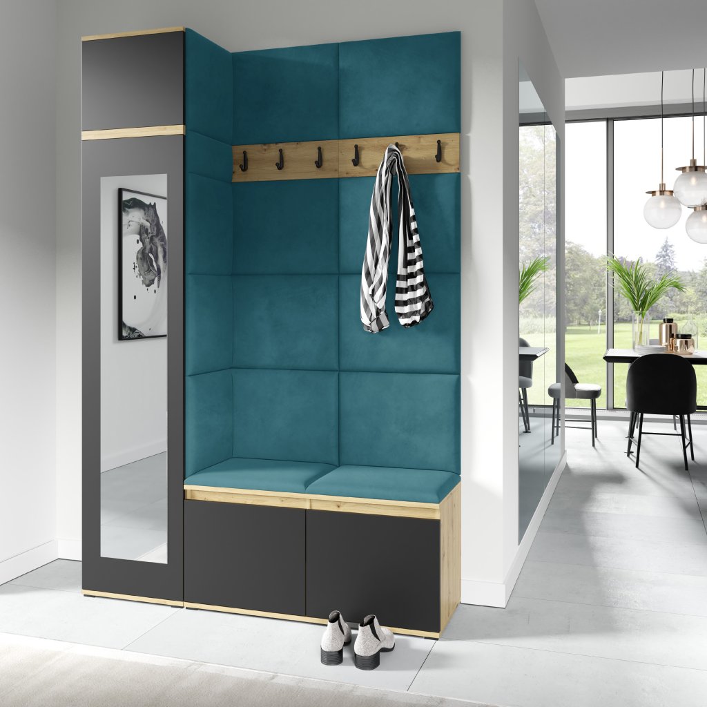 Eka Předsíňová stěna s čalouněnými panely Trinity 22 - Dub Artisan s černou / Azurová 2313