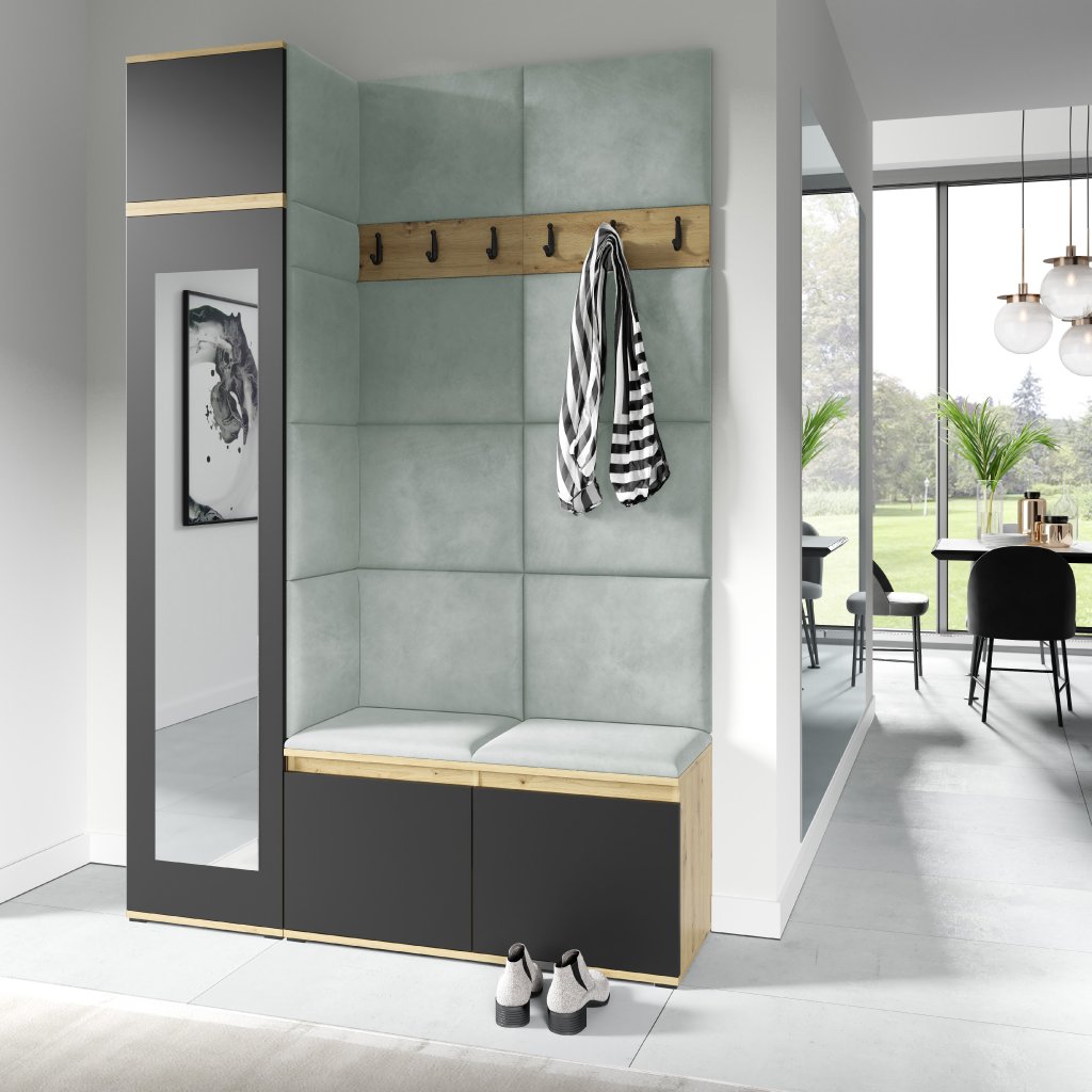 Eka Předsíňová stěna s čalouněnými panely Trinity 22 - Dub Artisan s černou / Světlá zelená 2321