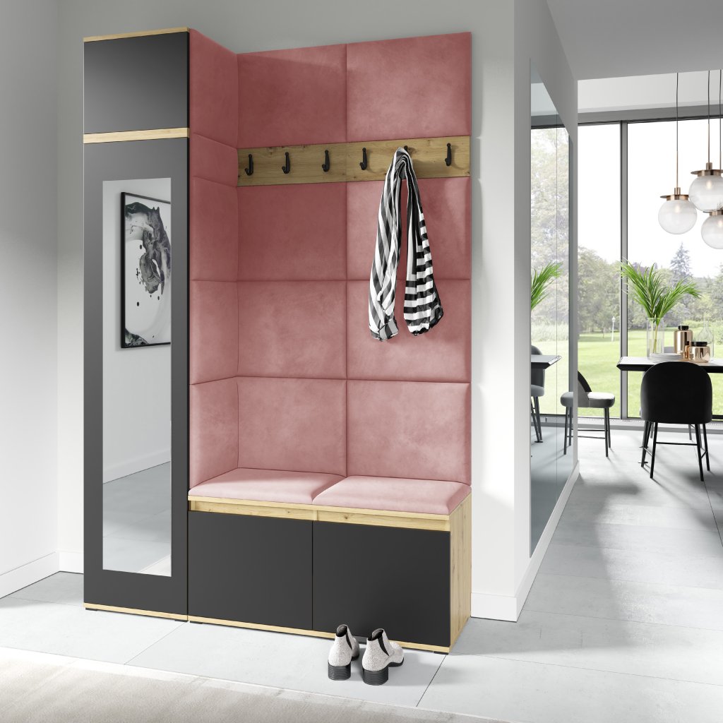 Eka Předsíňová stěna s čalouněnými panely Trinity 22 - Dub Artisan s černou / Tmavá růžová 2323