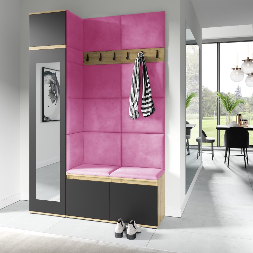 Eka Předsíňová stěna s čalouněnými panely Trinity 22 - Dub Artisan s černou / Růžová 2310