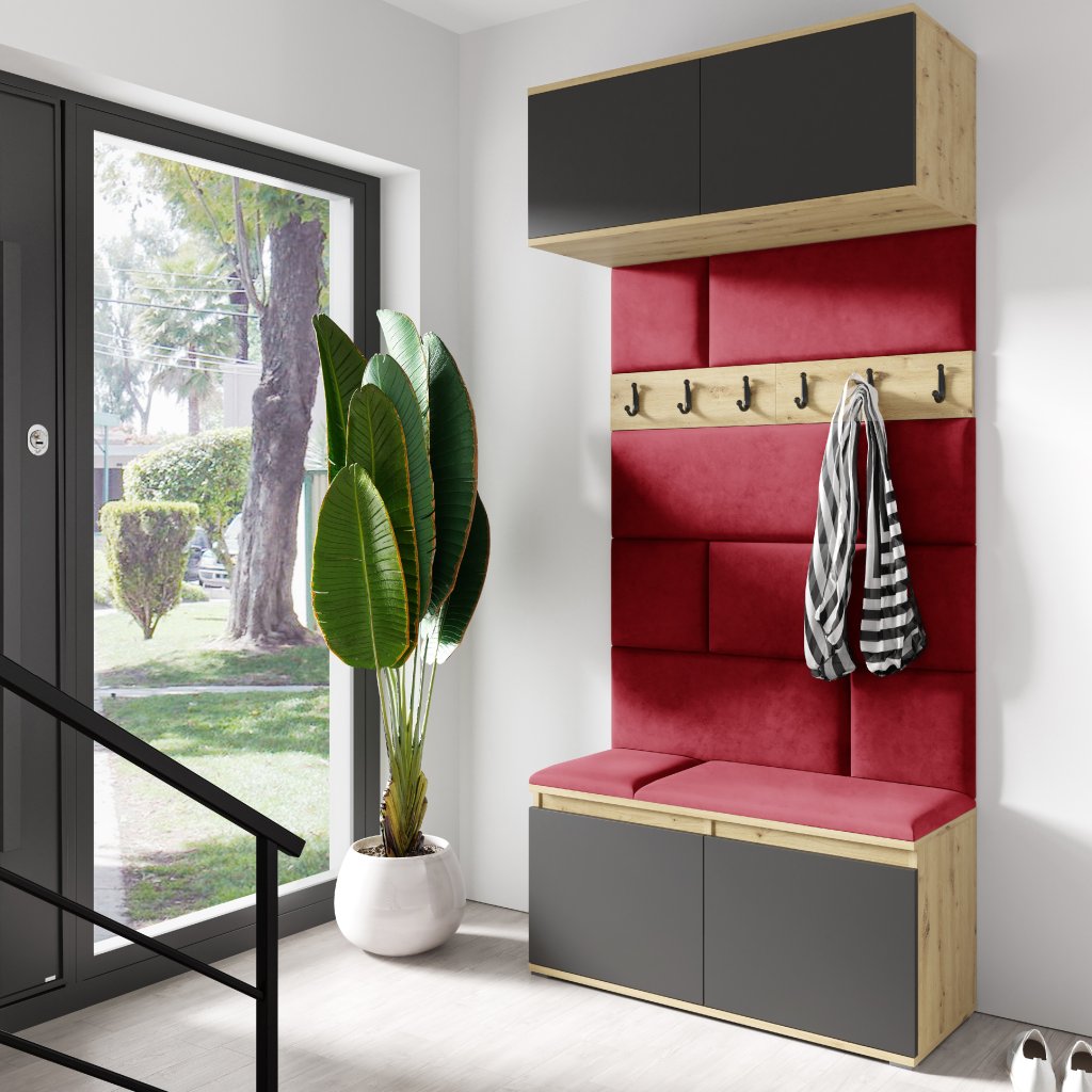 Eka Předsíňová stěna s čalouněnými panely Trinity 23 - Dub Artisan s černou / Rubínová 2324