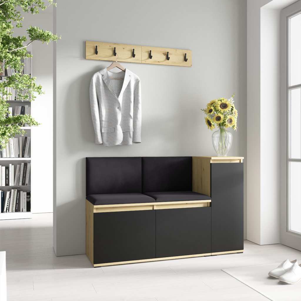 Eka Předsíňová stěna s čalouněnými panely Trinity 25 - Dub Artisan s černou / Černá 2316