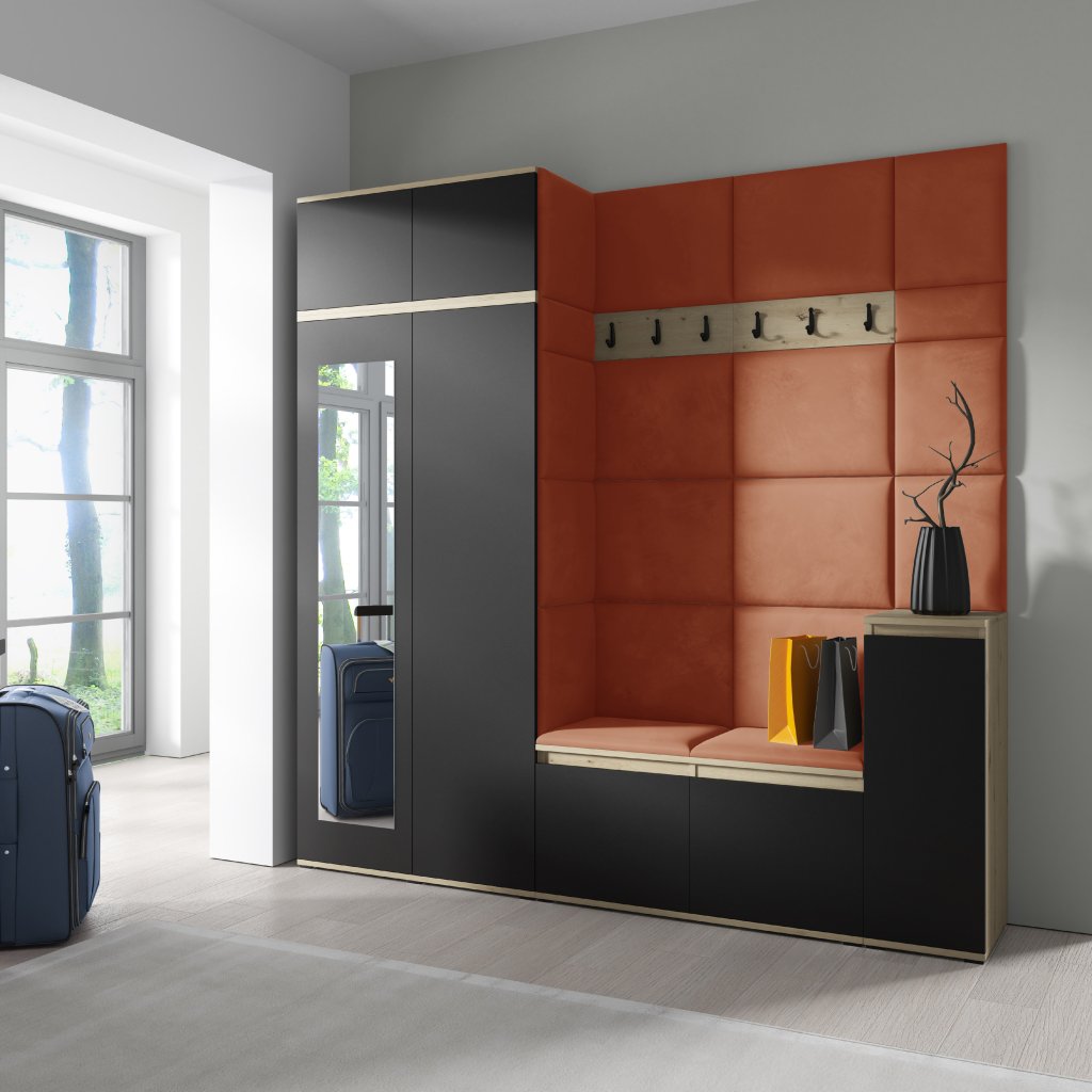 Eka Předsíňová stěna s čalouněnými panely Trinity 26 - Dub Artisan s černou / Okrová 2325