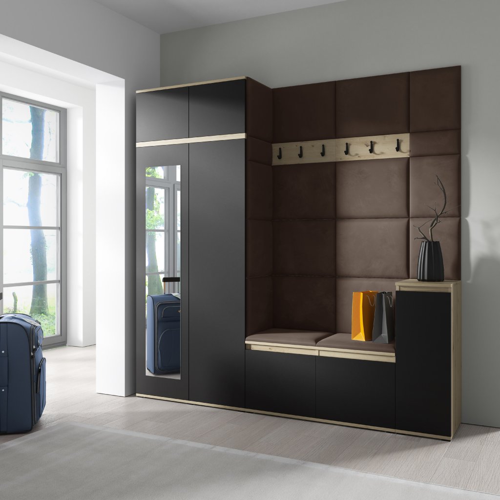 Eka Předsíňová stěna s čalouněnými panely Trinity 26 - Dub Artisan s černou / Tmavá hnědá 2308