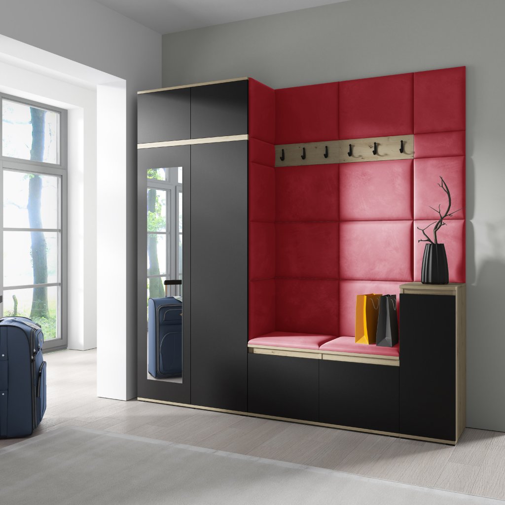 Eka Předsíňová stěna s čalouněnými panely Trinity 26 - Dub Artisan s černou / Červená 2309