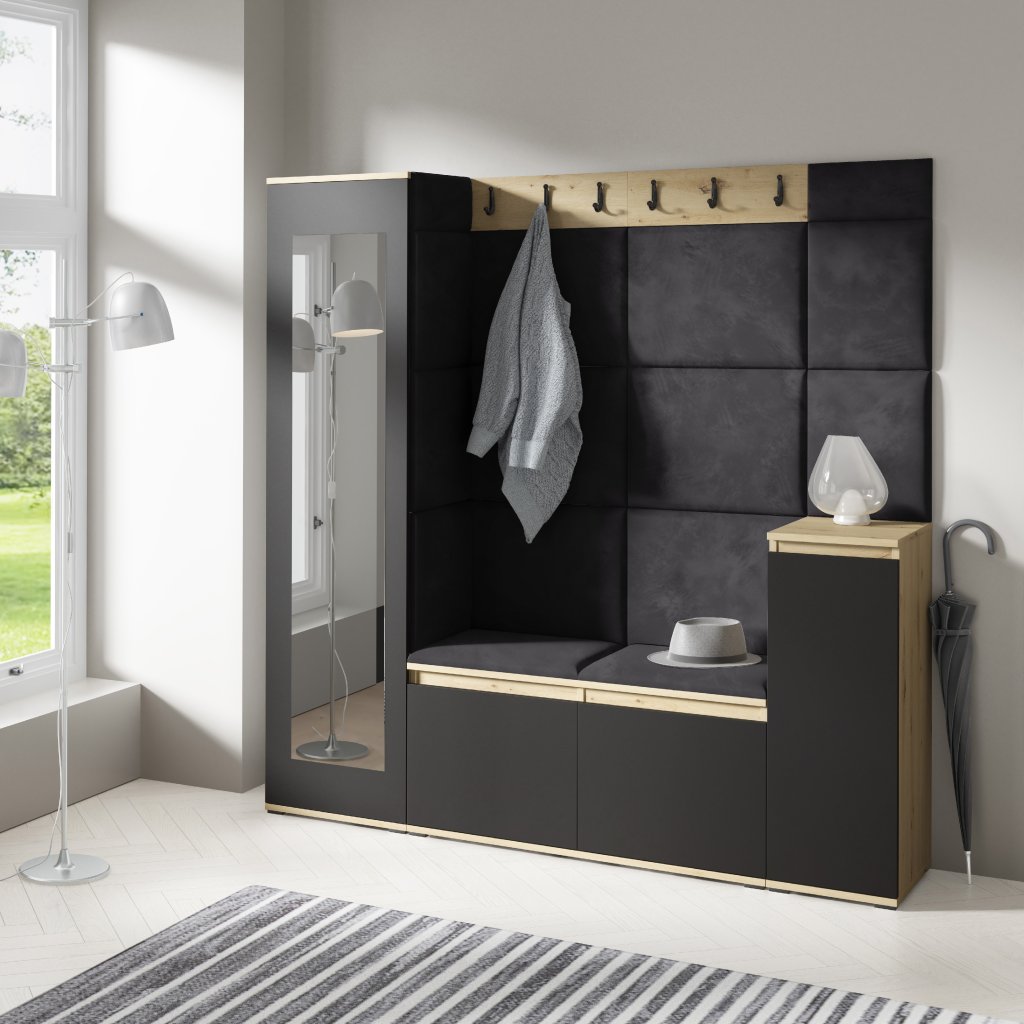 Eka Předsíňová stěna s čalouněnými panely Trinity 28 - Dub Artisan s černou / Černá 2316