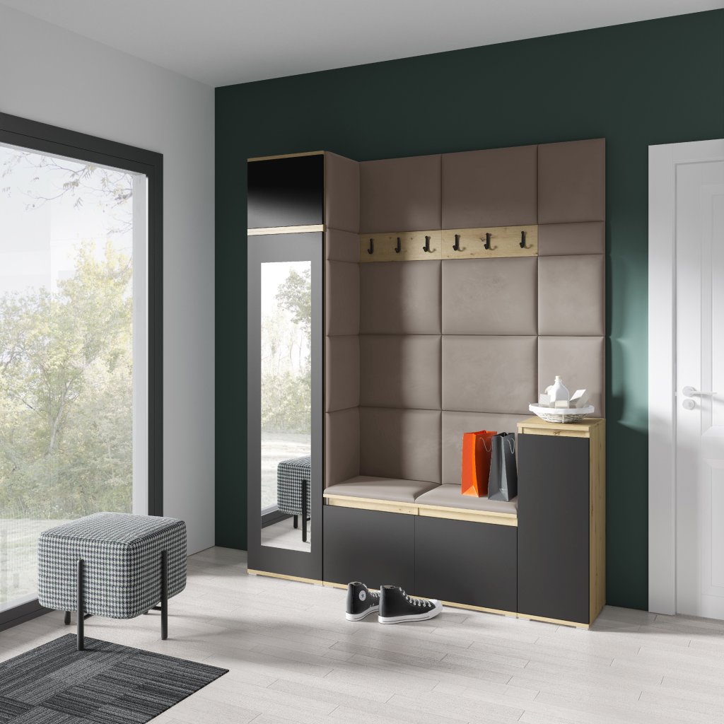 Eka Předsíňová stěna s čalouněnými panely Trinity 29 - Dub Artisan s černou / Světlá béžová 2303