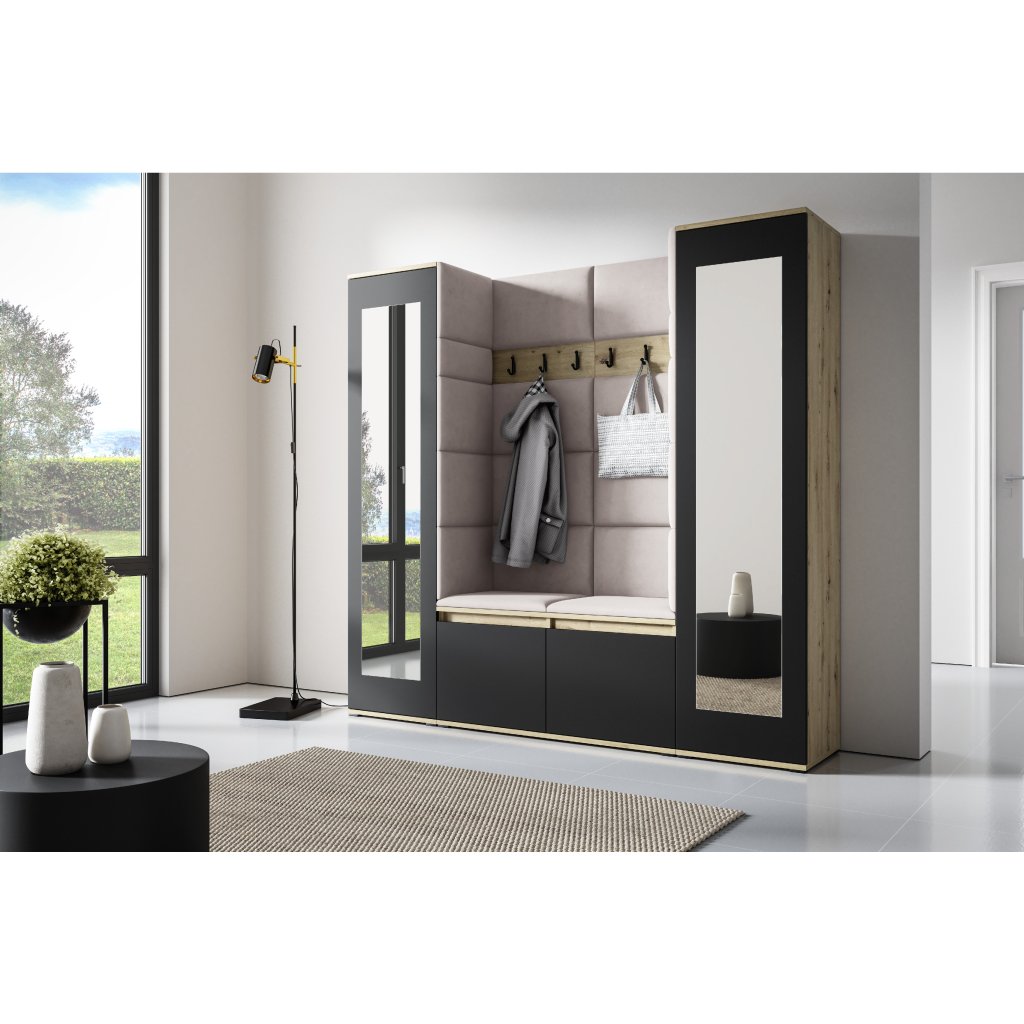 Eka Předsíňová stěna s čalouněnými panely Trinity 31 - Dub Artisan s černou / Krémová bílá 2301