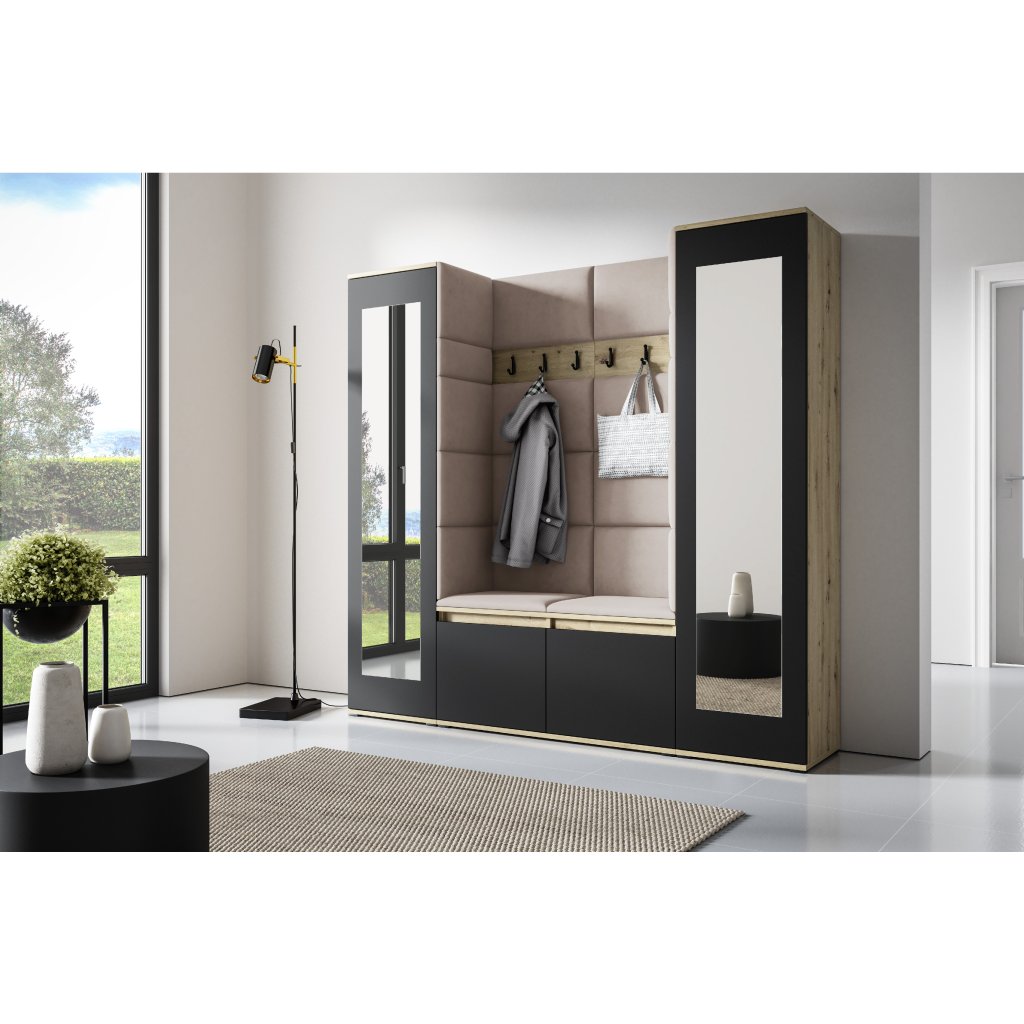 Eka Předsíňová stěna s čalouněnými panely Trinity 31 - Dub Artisan s černou / Tmavá krémová 2302