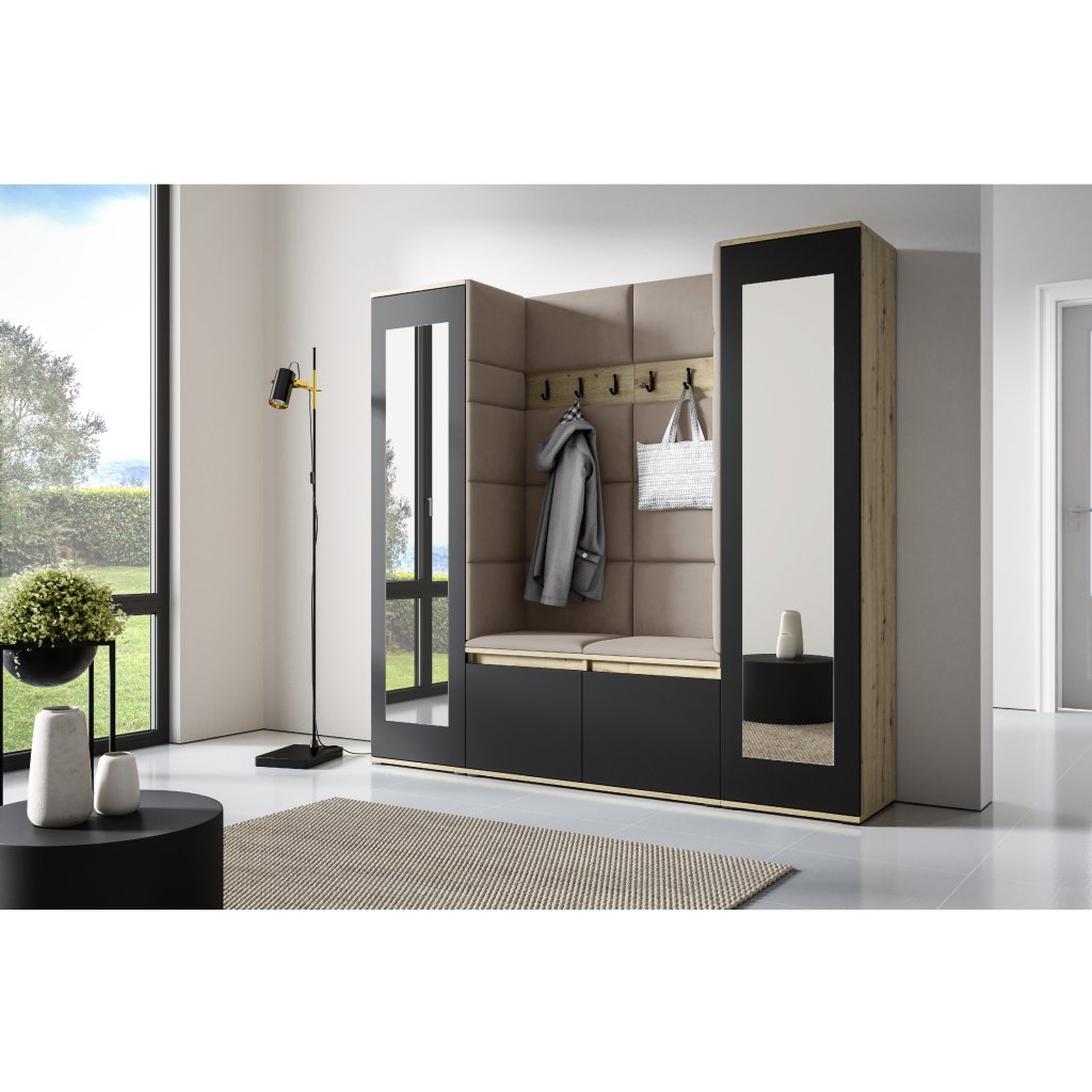 Eka Předsíňová stěna s čalouněnými panely Trinity 31 - Dub Artisan s černou / Světlá béžová 2303