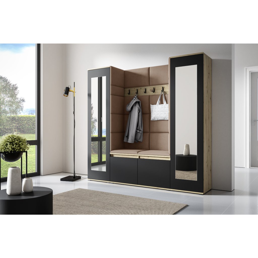 Eka Předsíňová stěna s čalouněnými panely Trinity 31 - Dub Artisan s černou / Béžová 2304