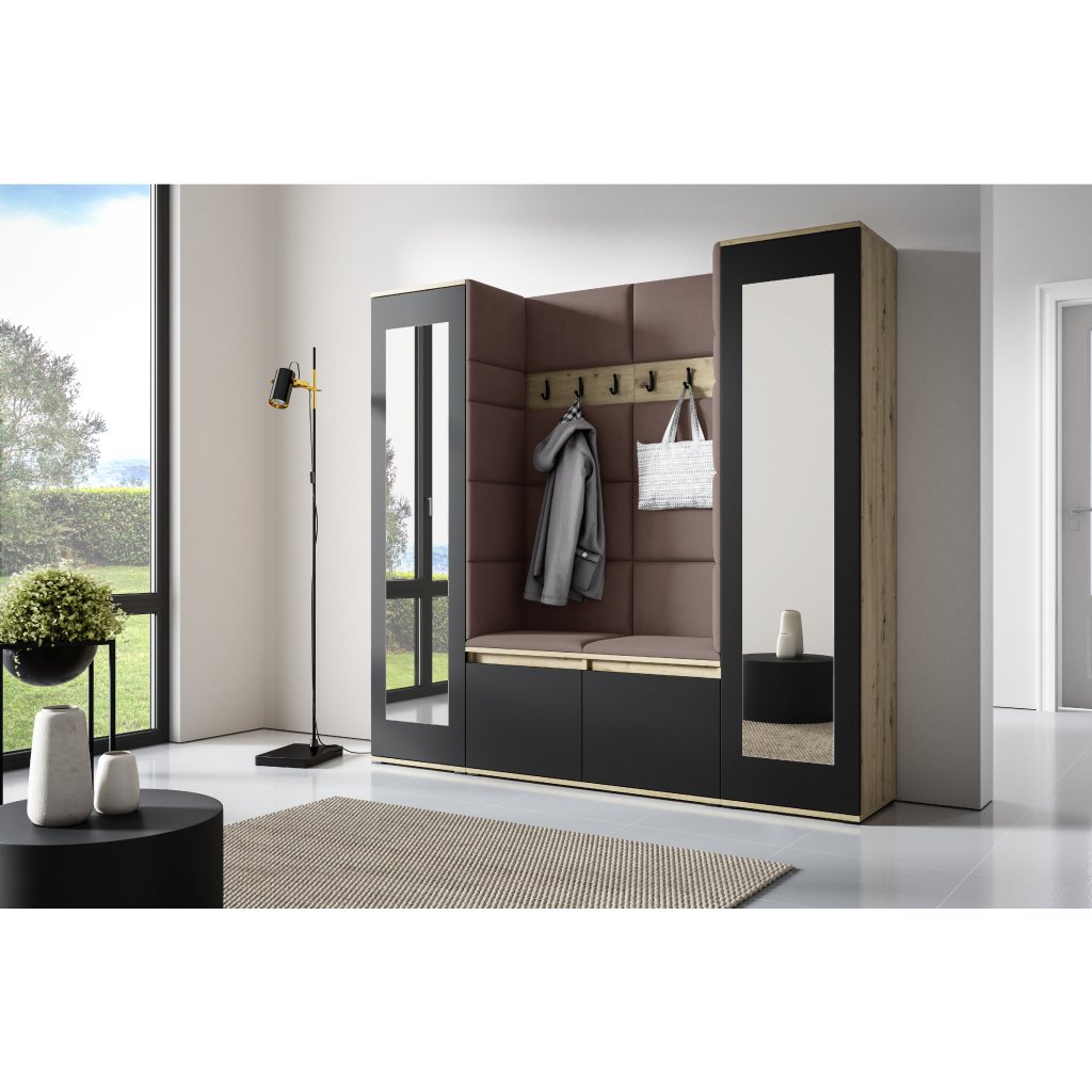 Eka Předsíňová stěna s čalouněnými panely Trinity 31 - Dub Artisan s černou / Světlá hnědá 2306