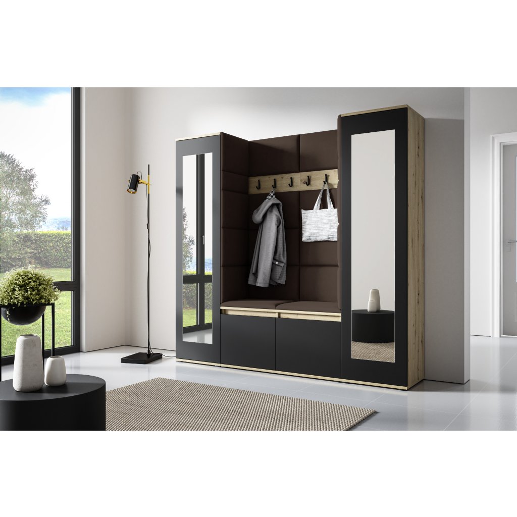 Eka Předsíňová stěna s čalouněnými panely Trinity 31 - Dub Artisan s černou / Tmavá hnědá 2308