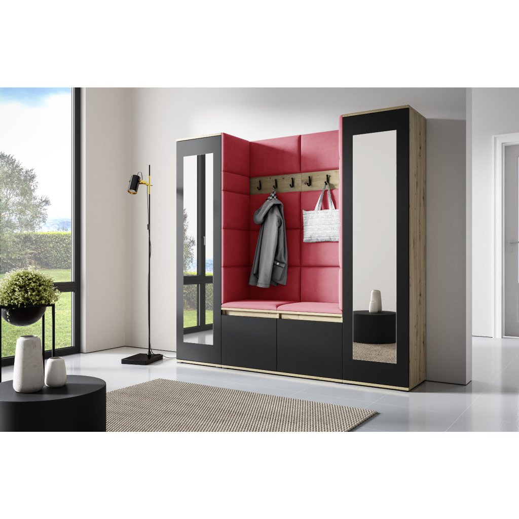 Eka Předsíňová stěna s čalouněnými panely Trinity 31 - Dub Artisan s černou / Červená 2309