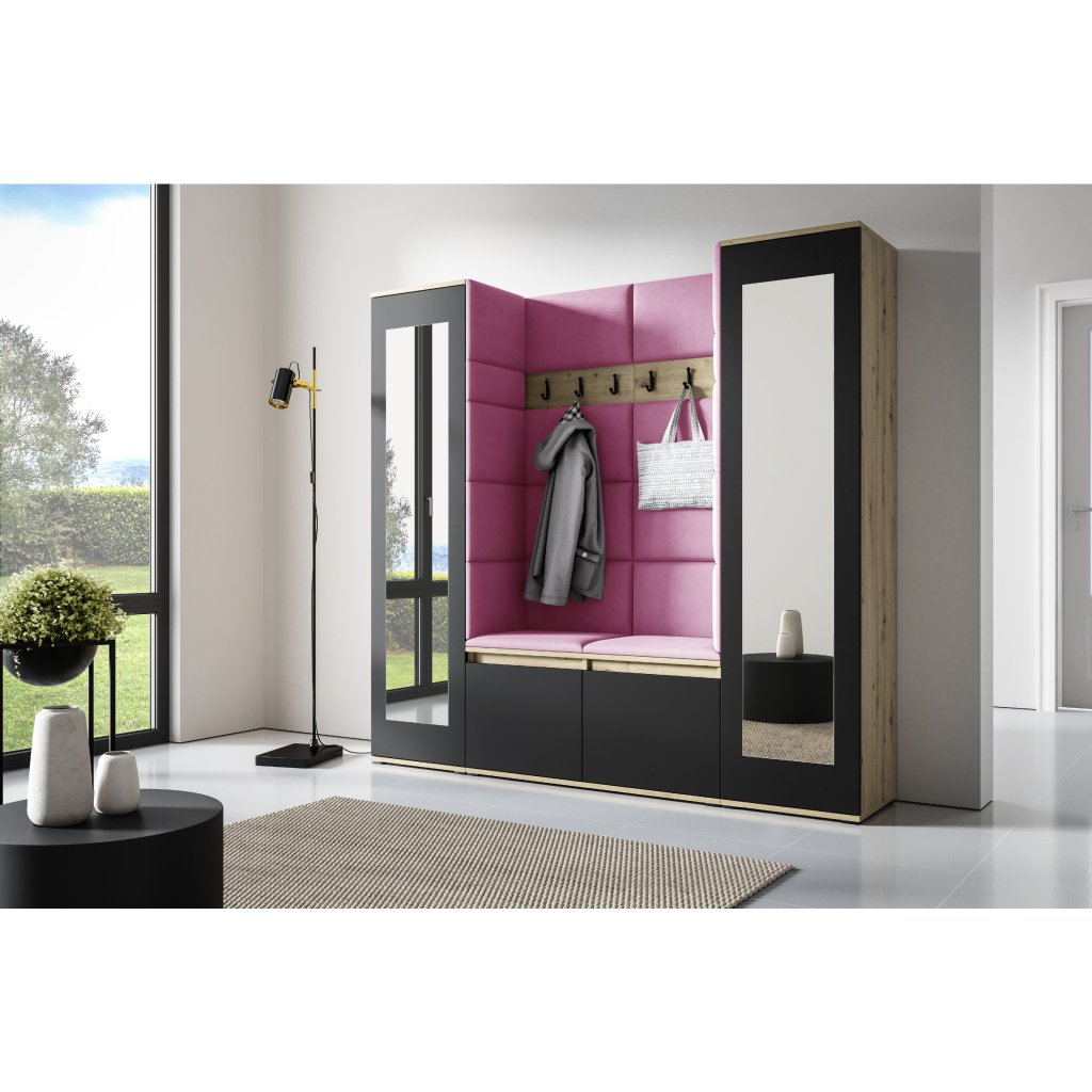 Eka Předsíňová stěna s čalouněnými panely Trinity 31 - Dub Artisan s černou / Růžová 2310
