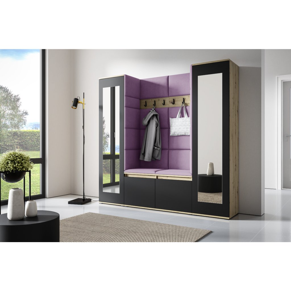 Eka Předsíňová stěna s čalouněnými panely Trinity 31 - Dub Artisan s černou / Fialová 2311