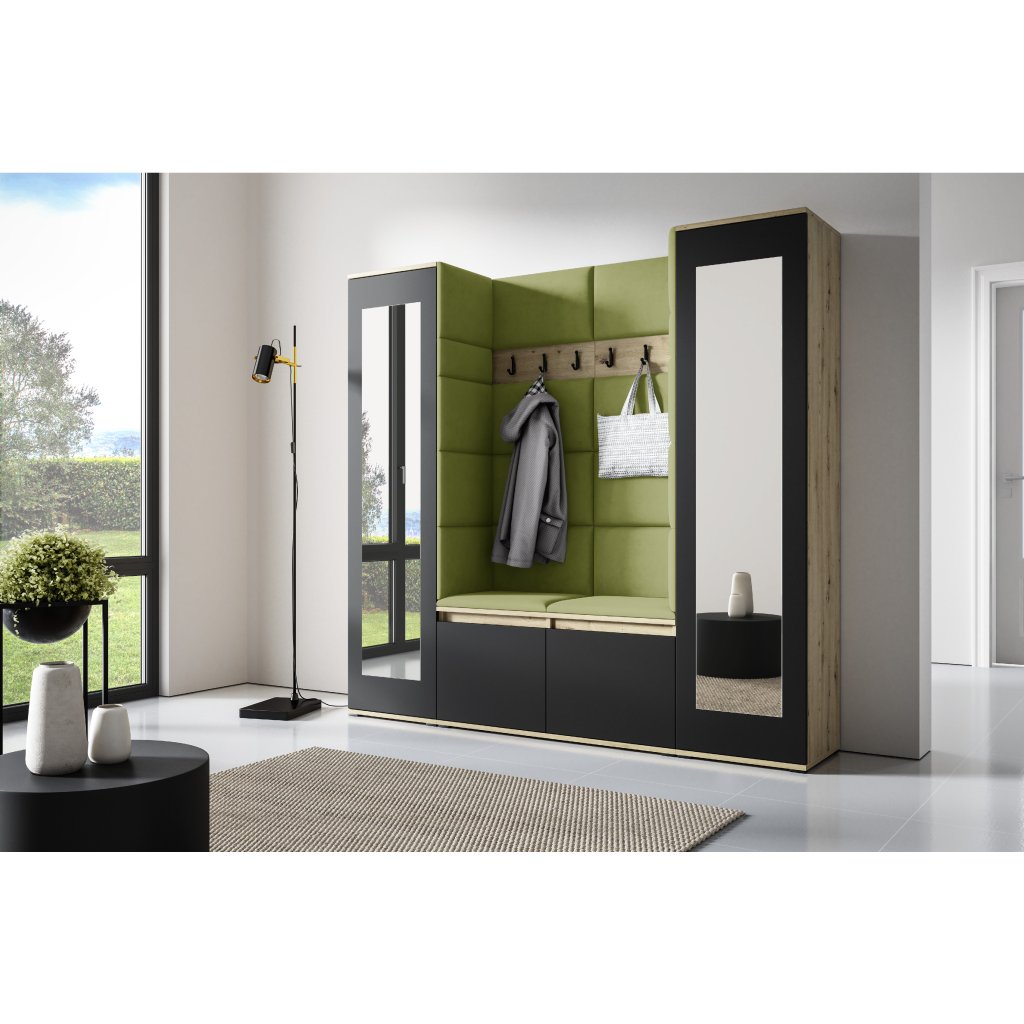 Eka Předsíňová stěna s čalouněnými panely Trinity 31 - Dub Artisan s černou / Olivová 2312
