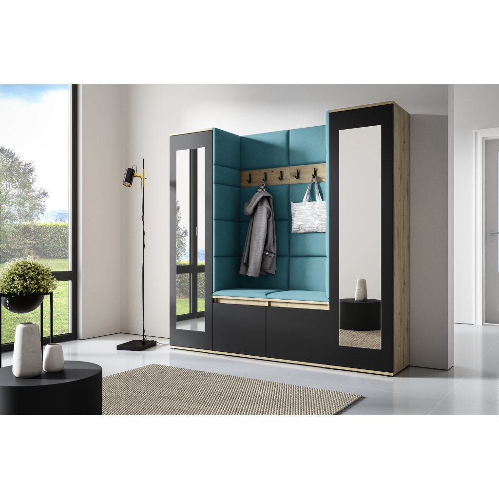 Eka Předsíňová stěna s čalouněnými panely Trinity 31 - Dub Artisan s černou / Azurová 2313