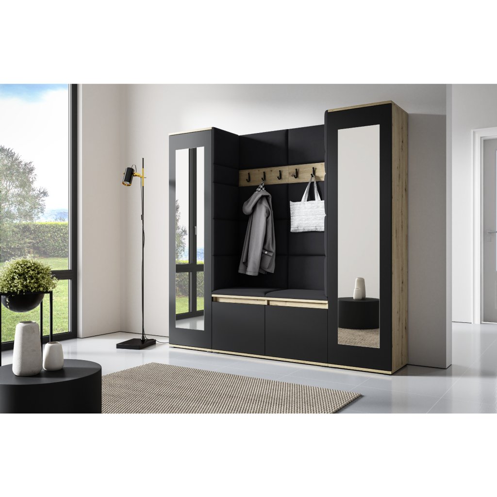 Eka Předsíňová stěna s čalouněnými panely Trinity 31 - Dub Artisan s černou / Černá 2316