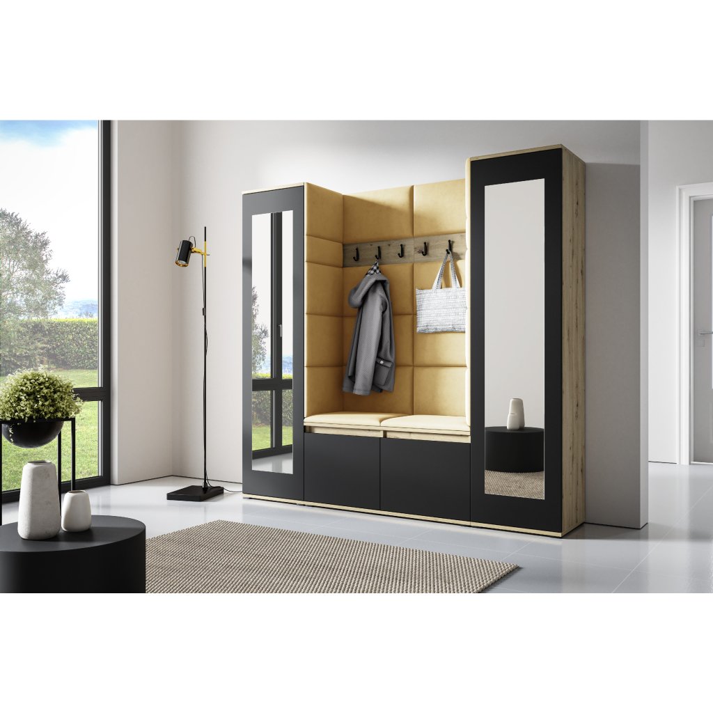 Eka Předsíňová stěna s čalouněnými panely Trinity 31 - Dub Artisan s černou / Žlutá 2318