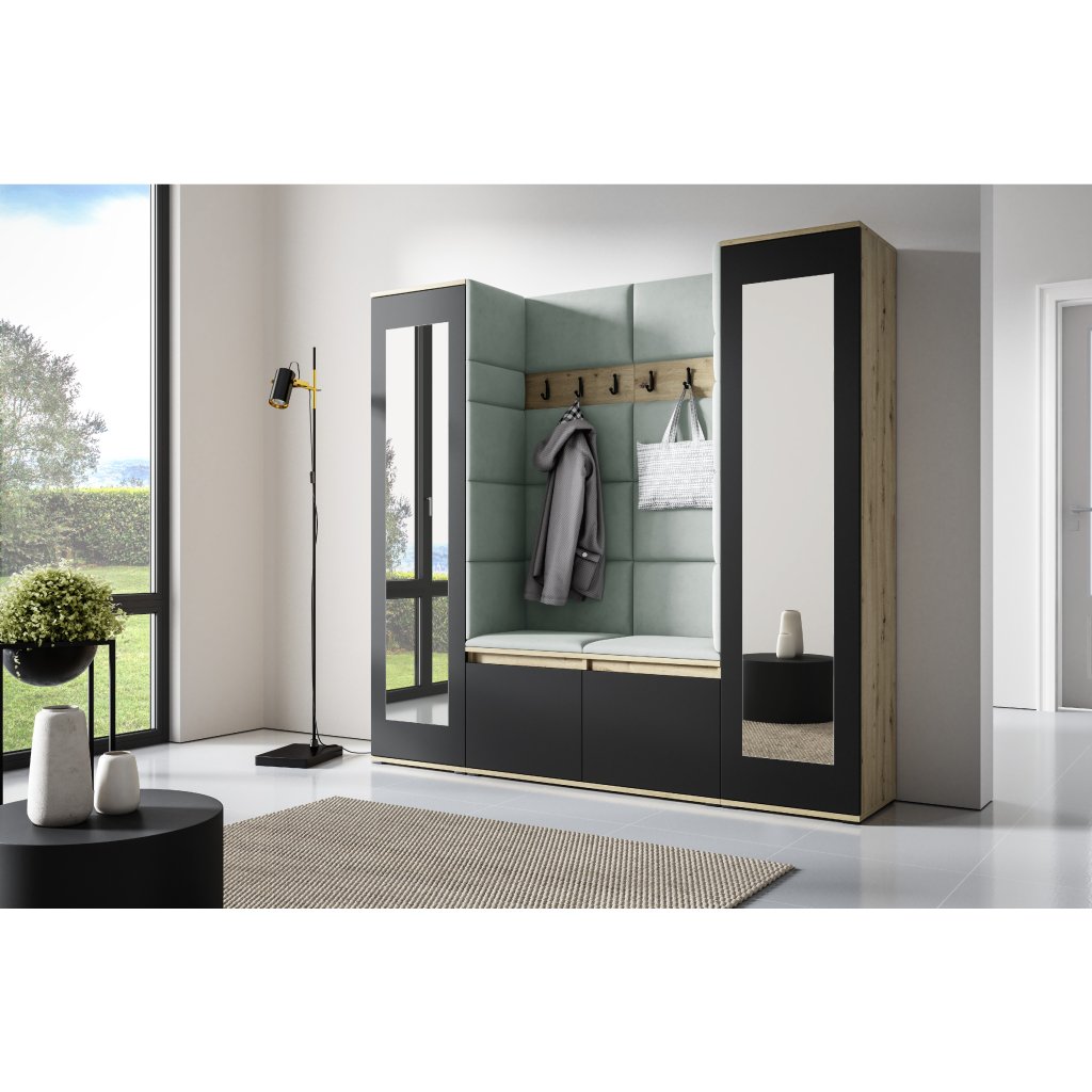 Eka Předsíňová stěna s čalouněnými panely Trinity 31 - Dub Artisan s černou / Světlá zelená 2321