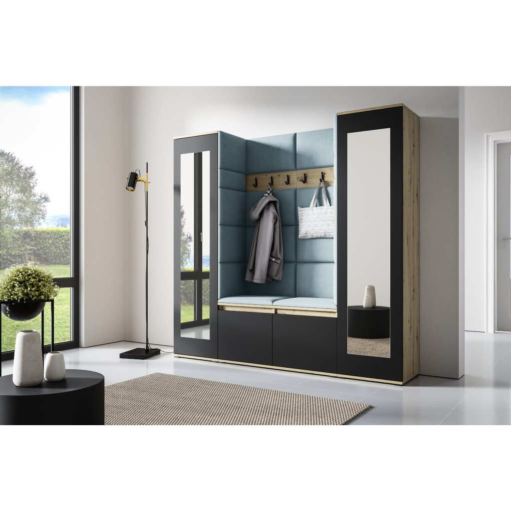 Eka Předsíňová stěna s čalouněnými panely Trinity 31 - Dub Artisan s černou / Světlá modrá 2322