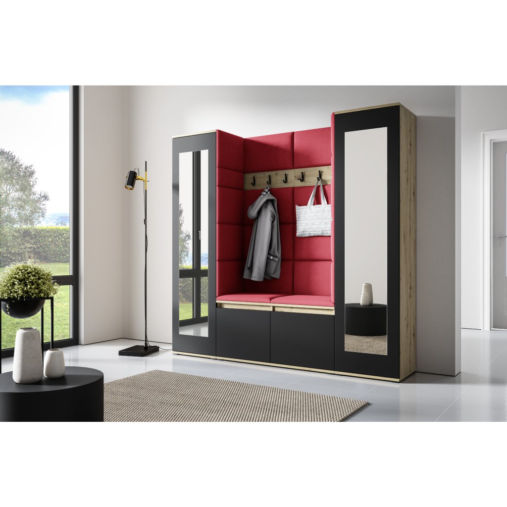 Eka Předsíňová stěna s čalouněnými panely Trinity 31 - Dub Artisan s černou / Rubínová 2324