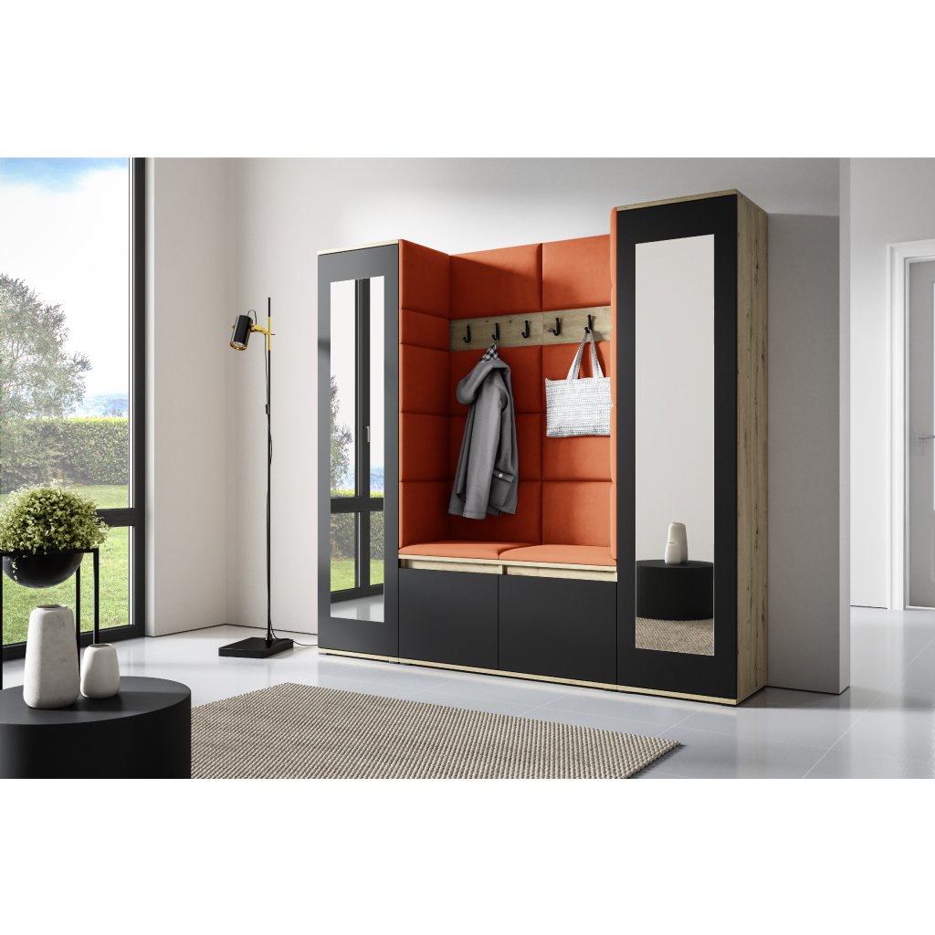 Eka Předsíňová stěna s čalouněnými panely Trinity 31 - Dub Artisan s černou / Okrová 2325