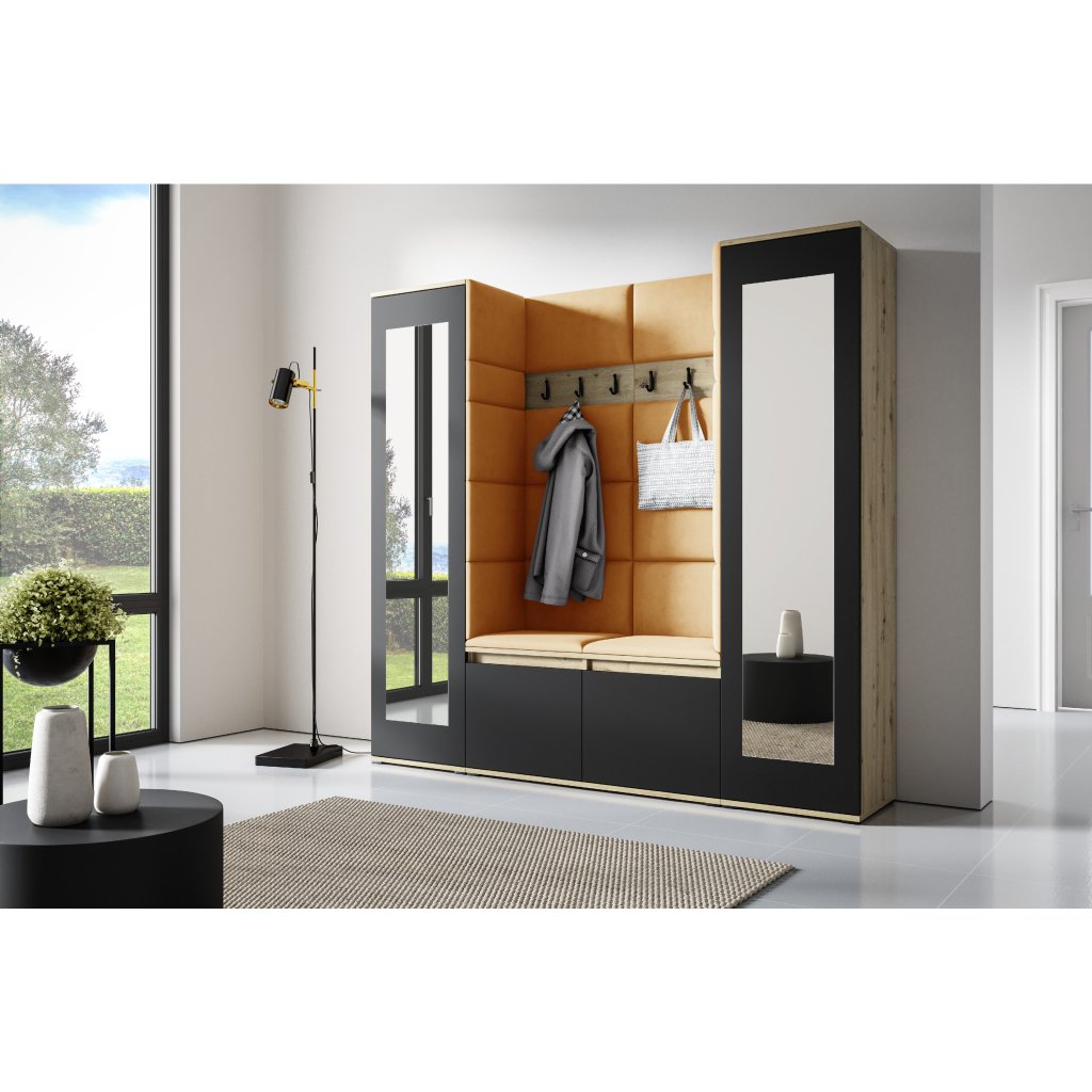 Eka Předsíňová stěna s čalouněnými panely Trinity 31 - Dub Artisan s černou / Hořčicová 2326