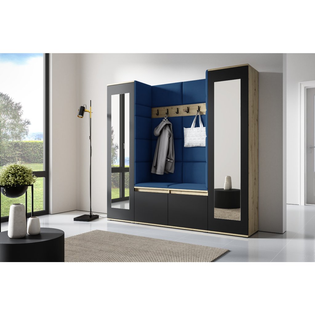 Eka Předsíňová stěna s čalouněnými panely Trinity 31 - Dub Artisan s černou / Tmavá modrá 2331