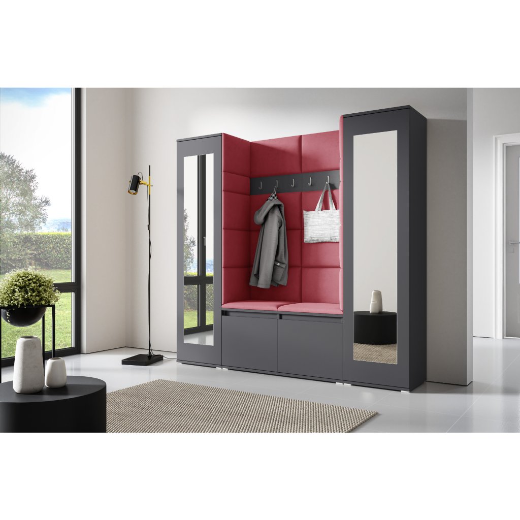 Eka Předsíňová stěna s čalouněnými panely Trinity 31 - Grafit / Červená 2309