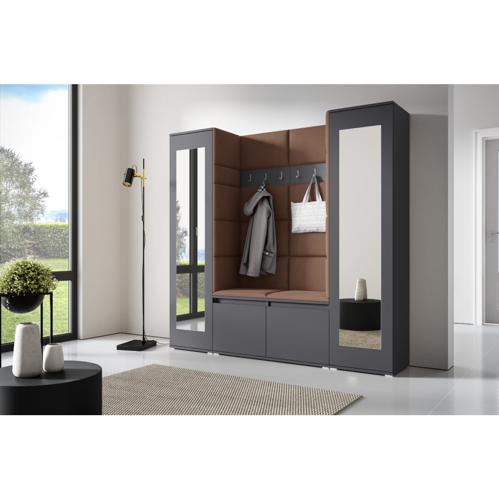 Eka Předsíňová stěna s čalouněnými panely Trinity 31 - Grafit / Hnědá 2307