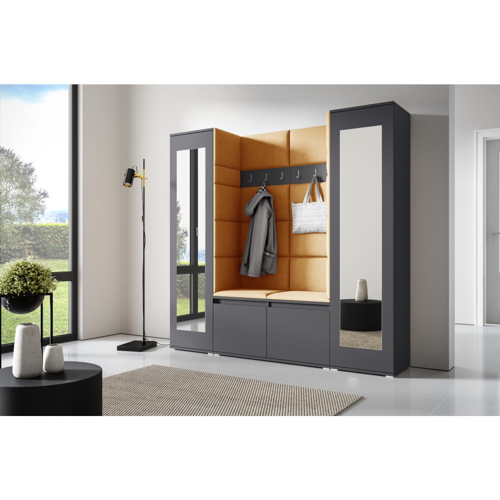 Eka Předsíňová stěna s čalouněnými panely Trinity 31 - Grafit / Hořčicová 2326
