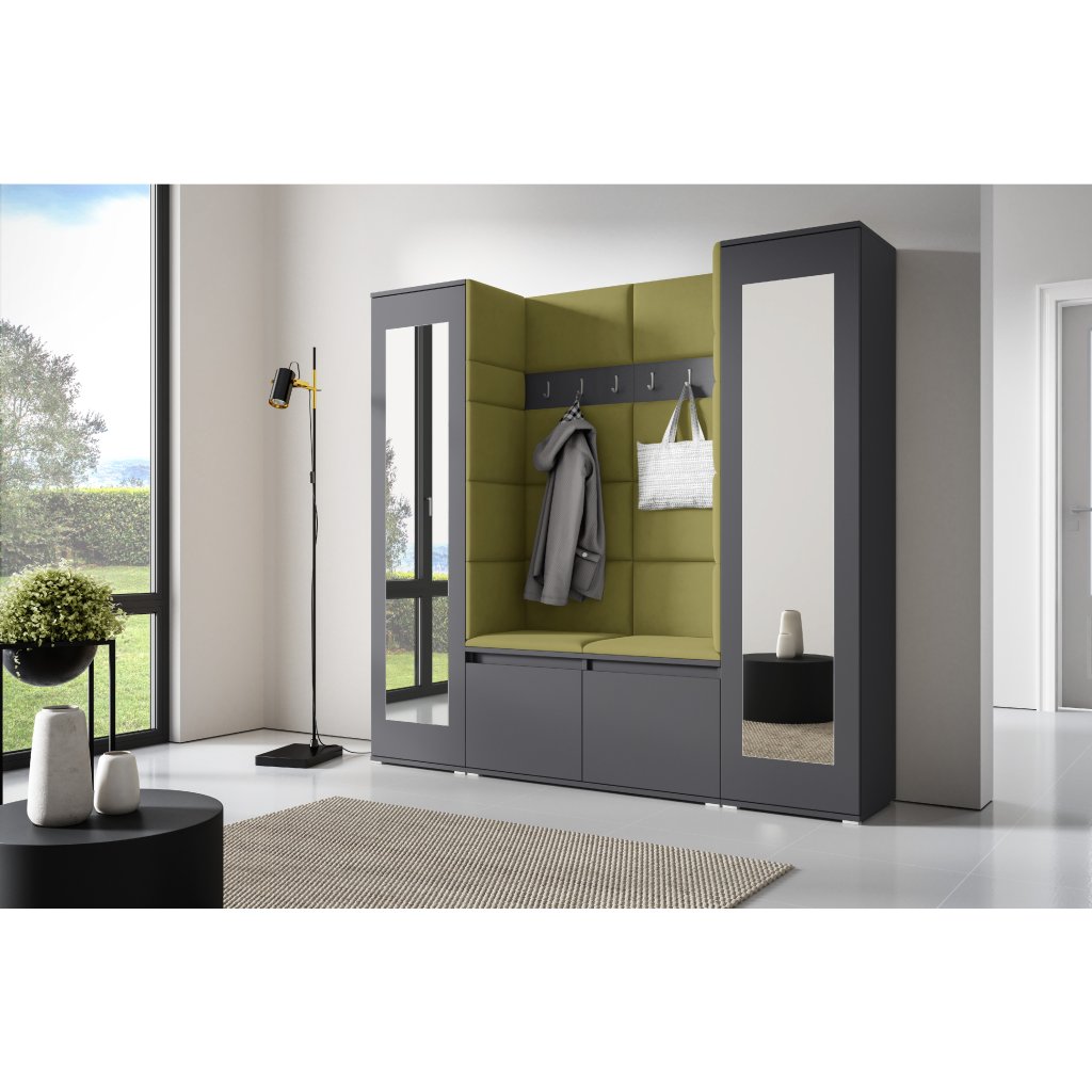 Eka Předsíňová stěna s čalouněnými panely Trinity 31 - Grafit / Khaki zelená 2327