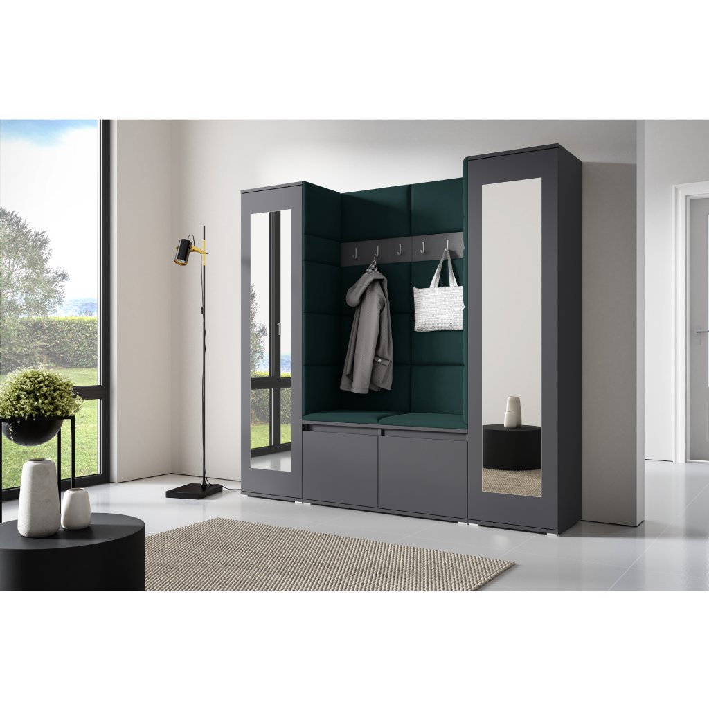 Eka Předsíňová stěna s čalouněnými panely Trinity 31 - Grafit / Tmavá zelená 2328