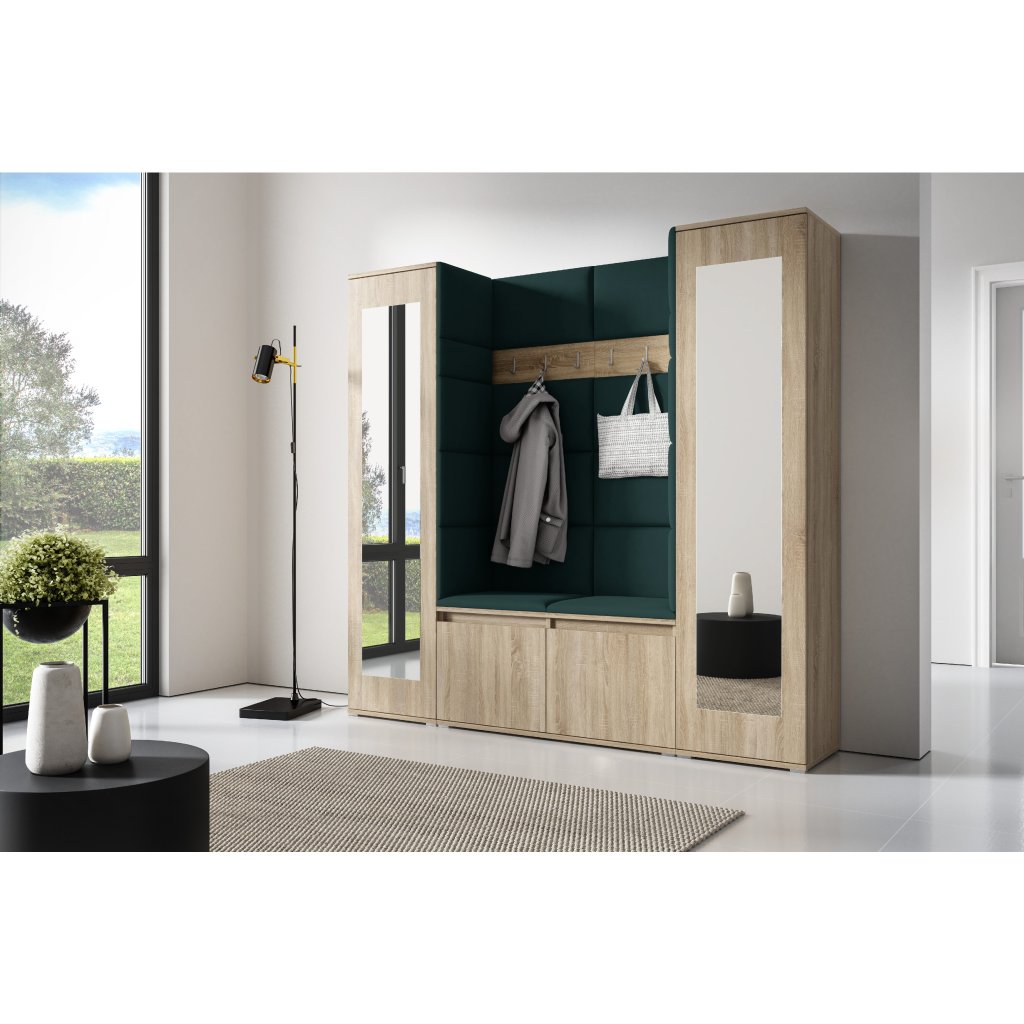 Eka Předsíňová stěna s čalouněnými panely Trinity 31 - Sonoma / Tmavá zelená 2328