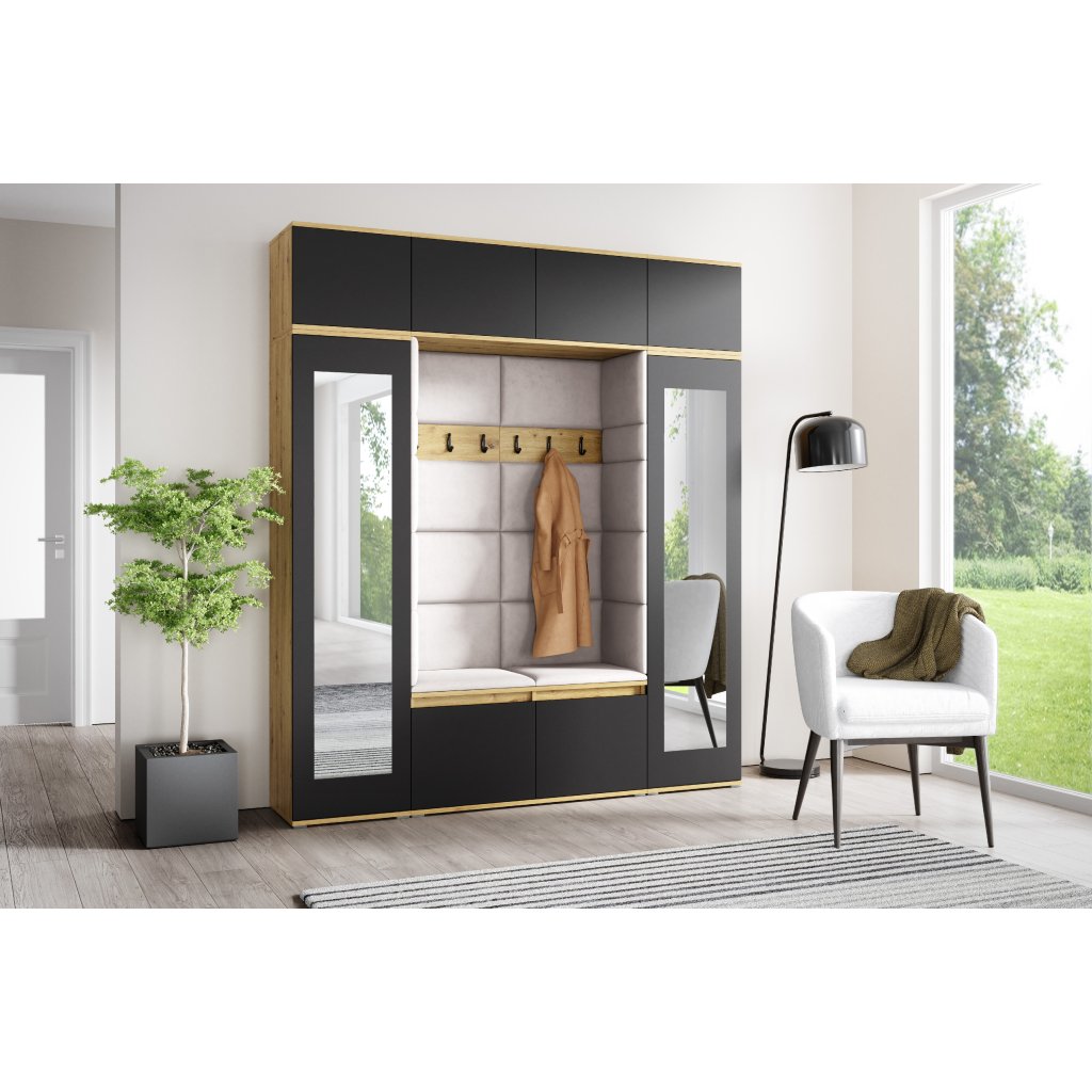 Eka Předsíňová stěna s čalouněnými panely Trinity 32 - Dub Artisan s černou / Krémová bílá 2301