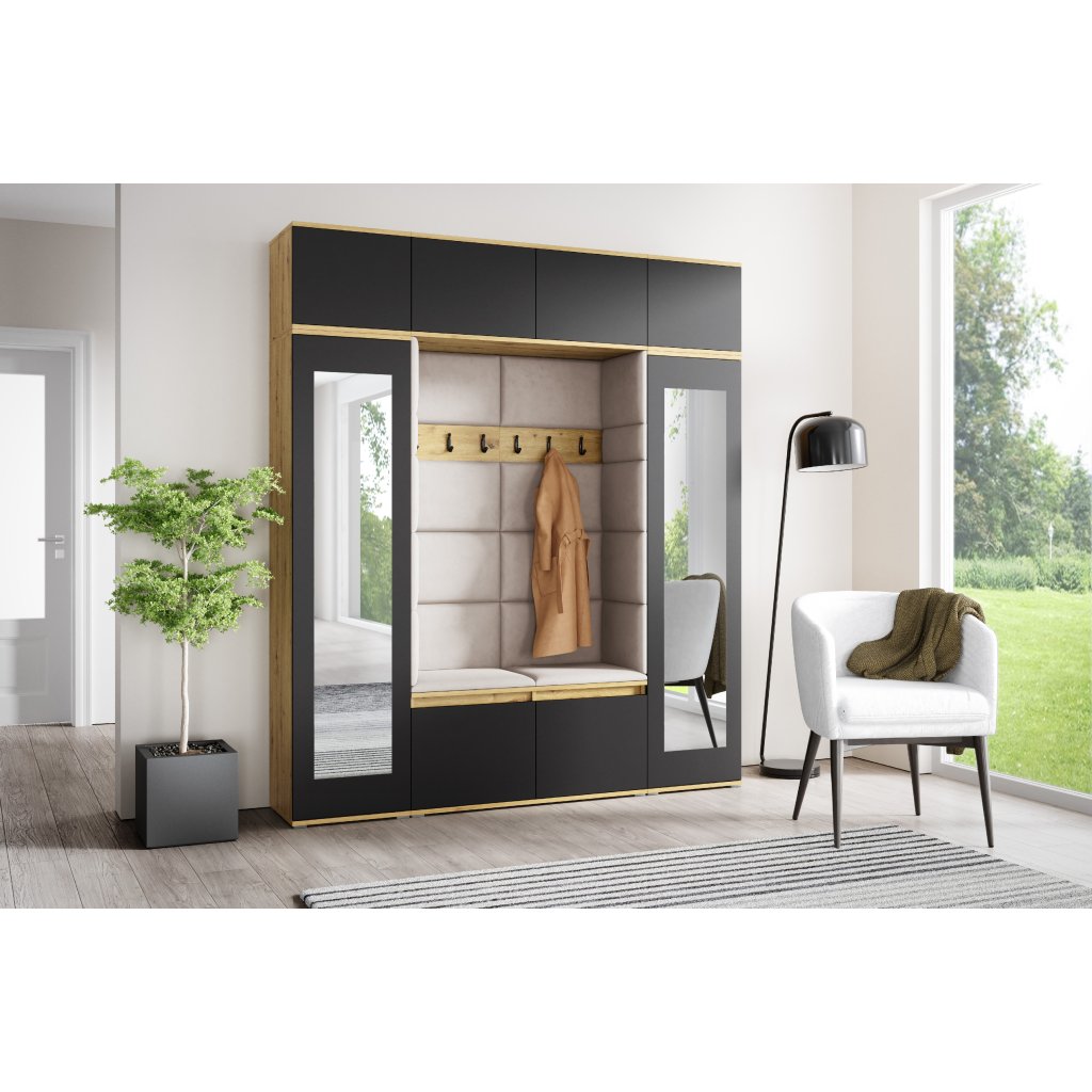 Eka Předsíňová stěna s čalouněnými panely Trinity 32 - Dub Artisan s černou / Tmavá krémová 2302