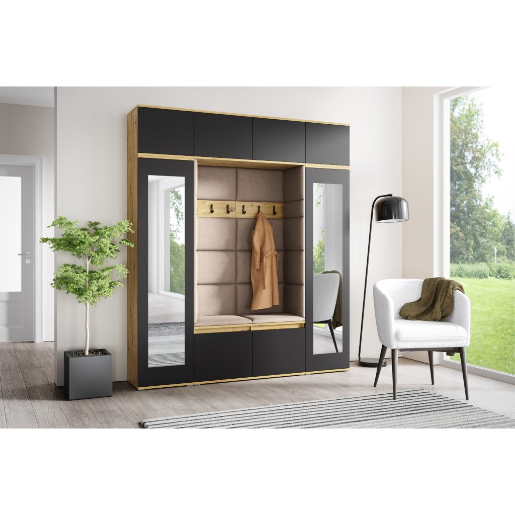 Eka Předsíňová stěna s čalouněnými panely Trinity 32 - Dub Artisan s černou / Tmavá béžová 2305