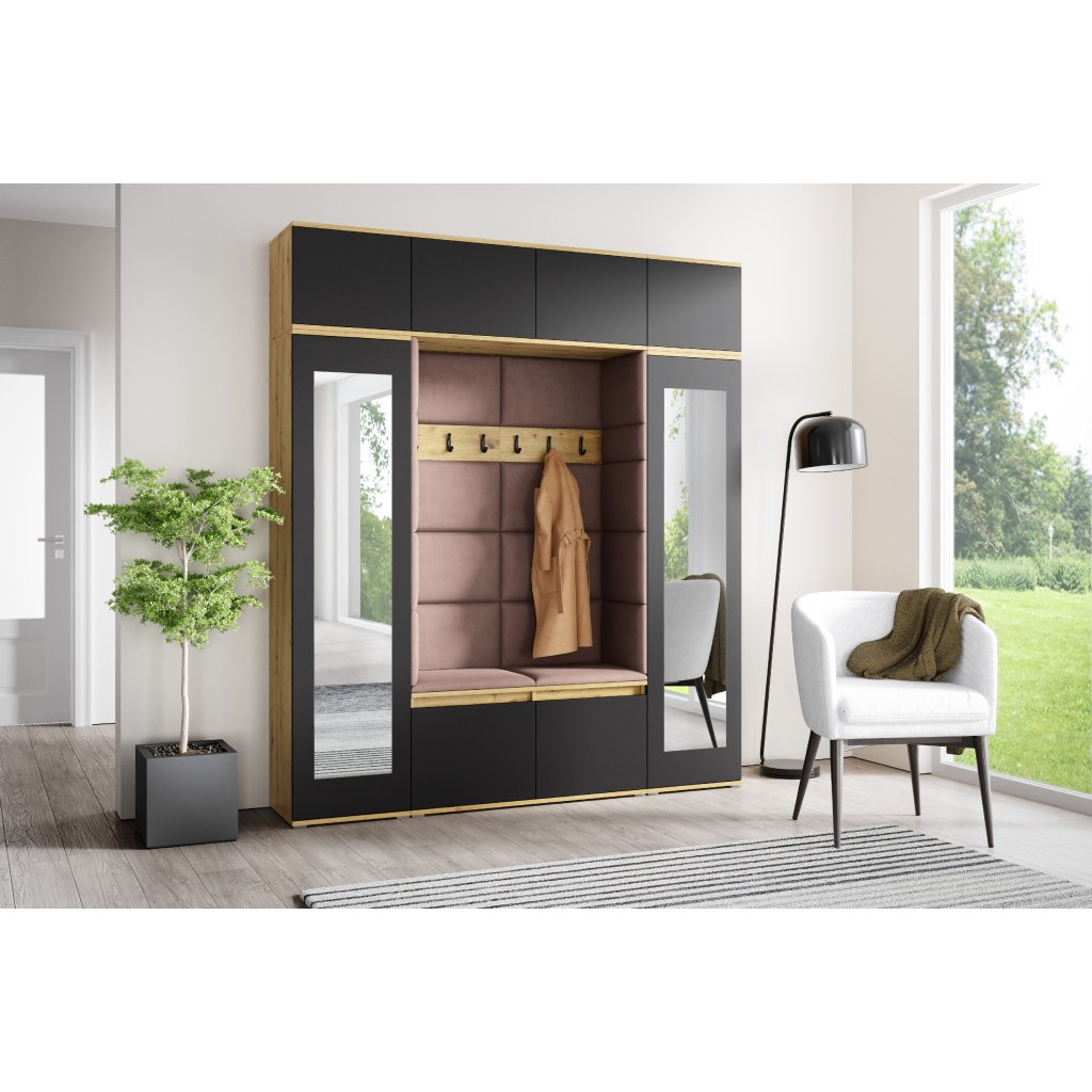 Eka Předsíňová stěna s čalouněnými panely Trinity 32 - Dub Artisan s černou / Světlá hnědá 2306