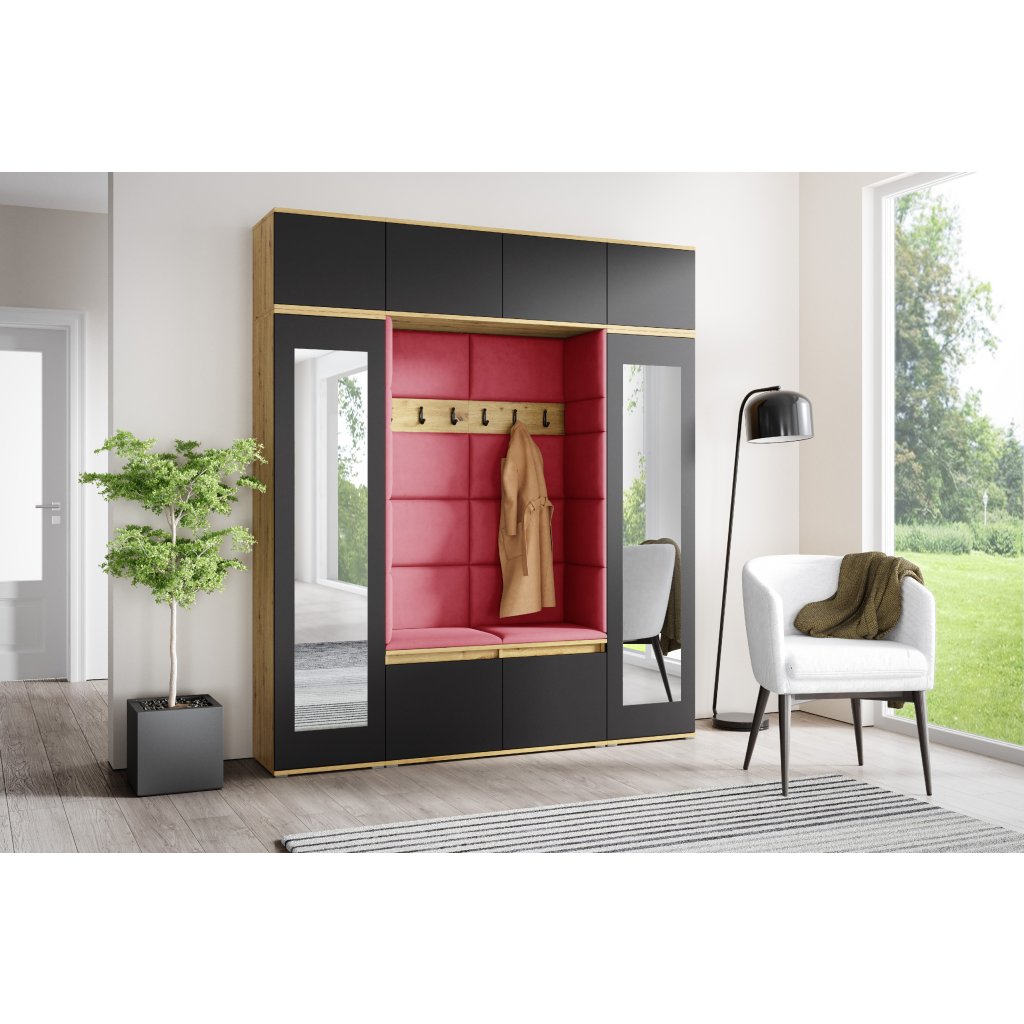 Eka Předsíňová stěna s čalouněnými panely Trinity 32 - Dub Artisan s černou / Červená 2309