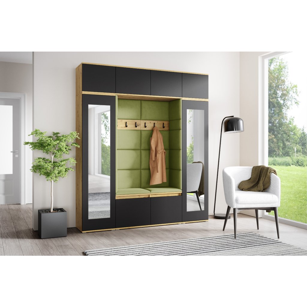 Eka Předsíňová stěna s čalouněnými panely Trinity 32 - Dub Artisan s černou / Olivová 2312