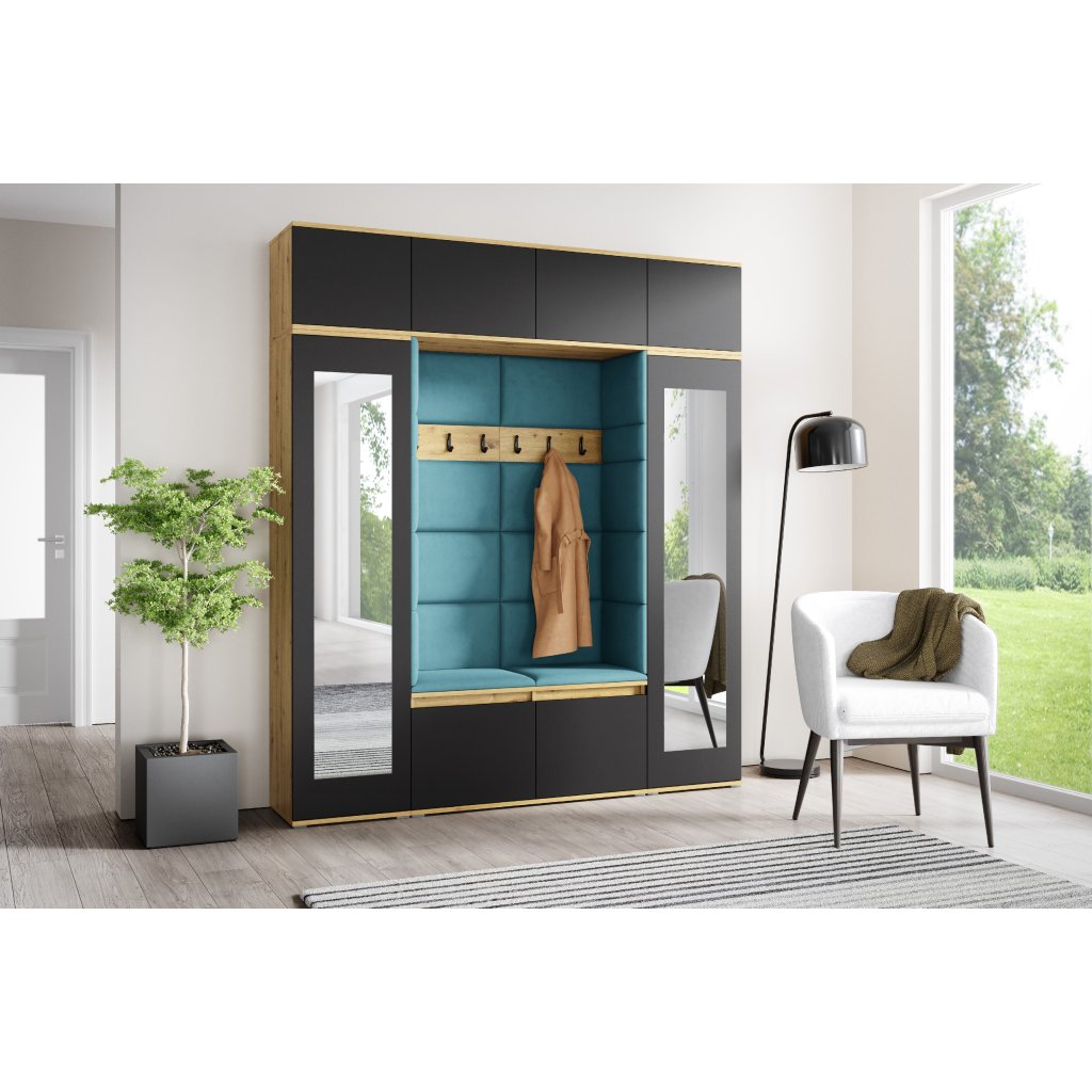 Eka Předsíňová stěna s čalouněnými panely Trinity 32 - Dub Artisan s černou / Azurová 2313