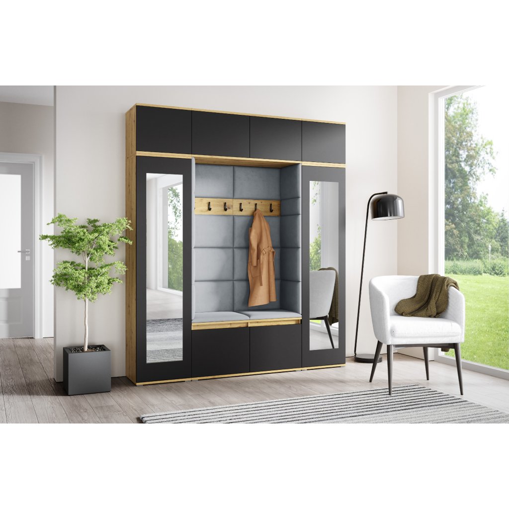 Eka Předsíňová stěna s čalouněnými panely Trinity 32 - Dub Artisan s černou / Šedá 2314