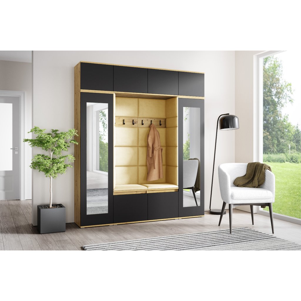 Eka Předsíňová stěna s čalouněnými panely Trinity 32 - Dub Artisan s černou / Žlutá 2318
