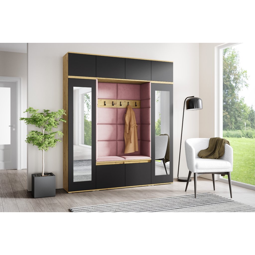 Eka Předsíňová stěna s čalouněnými panely Trinity 32 - Dub Artisan s černou / Světlá růžová 2319