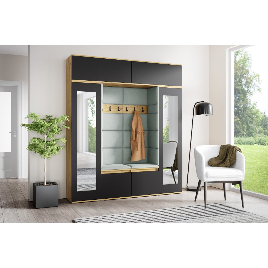 Eka Předsíňová stěna s čalouněnými panely Trinity 32 - Dub Artisan s černou / Světlá zelená 2321