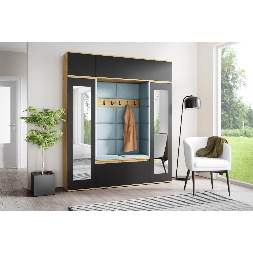 Eka Předsíňová stěna s čalouněnými panely Trinity 32 - Dub Artisan s černou / Světlá modrá 2322