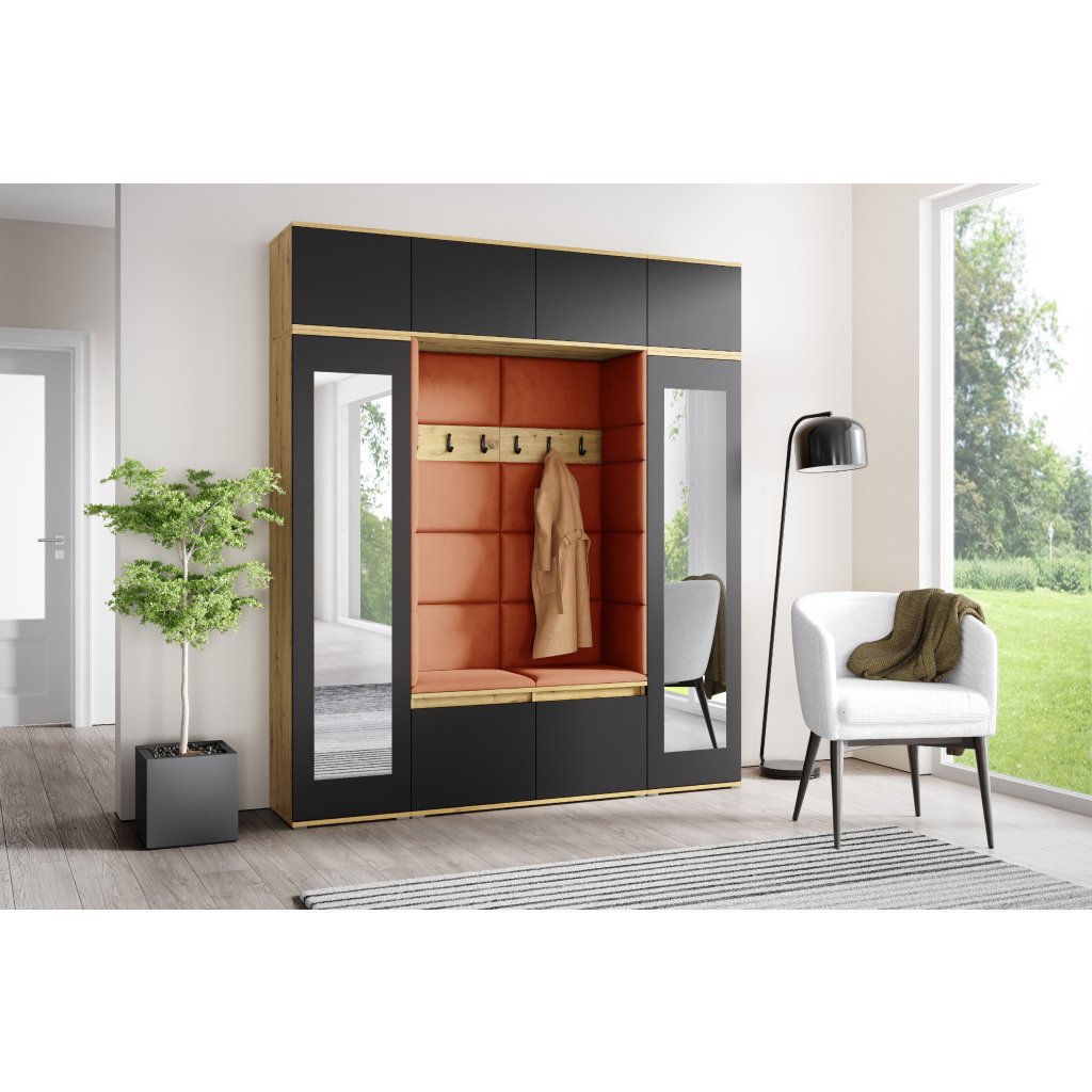 Eka Předsíňová stěna s čalouněnými panely Trinity 32 - Dub Artisan s černou / Okrová 2325